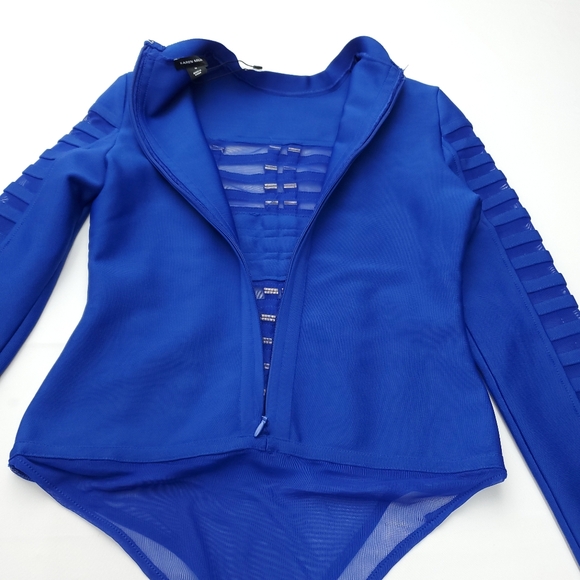NEW Karen Millen All Over Trimmed Stretch Bandage And Mesh Bodysuit Blue Size M - Picture 8 of 11